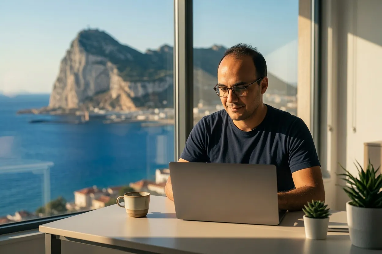 Bogdan Matanie working at his laptop, with the Rock of Gibraltar across the bay